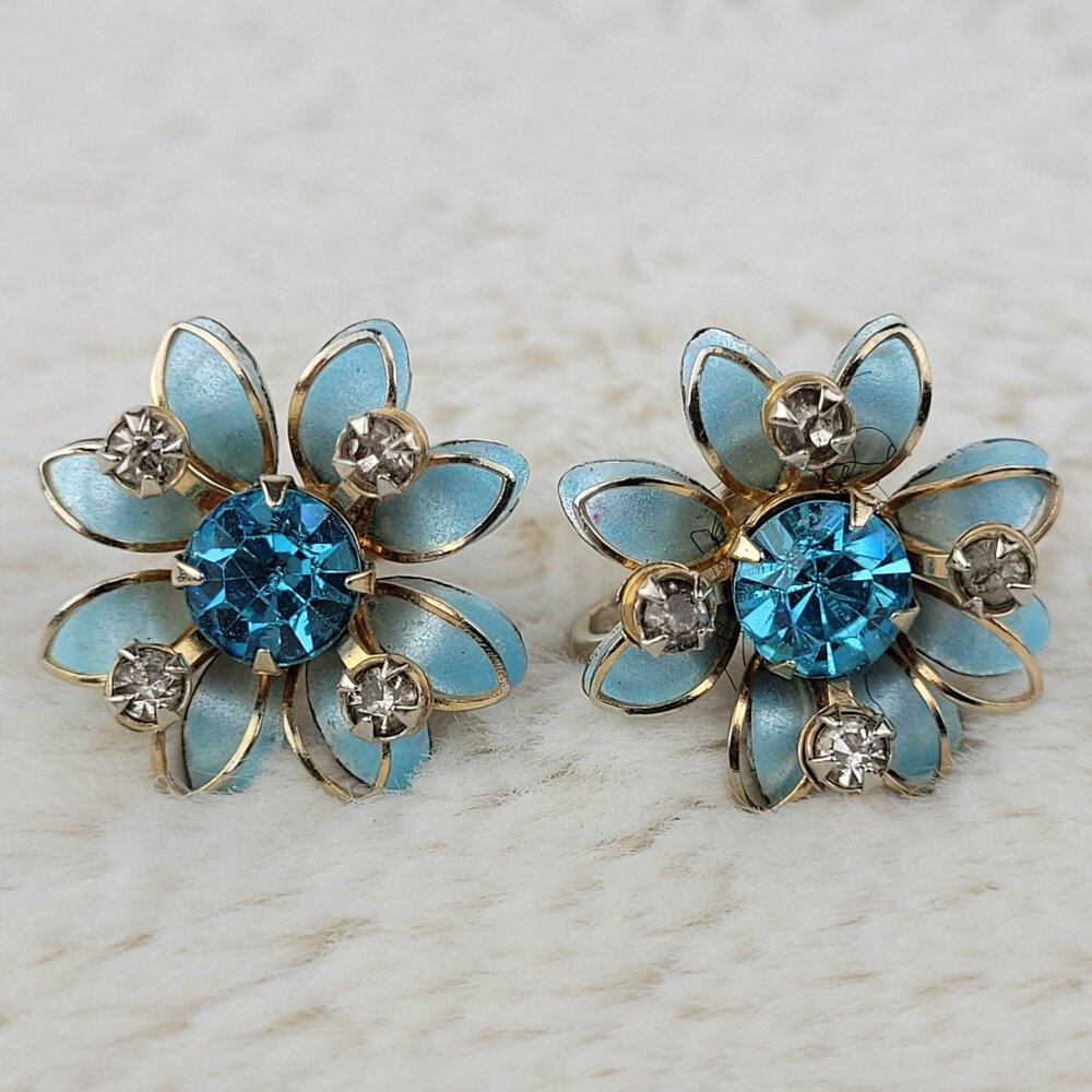 1940's Blue Enamel and Rhinestone Flower Screwback Earrings by Prestige